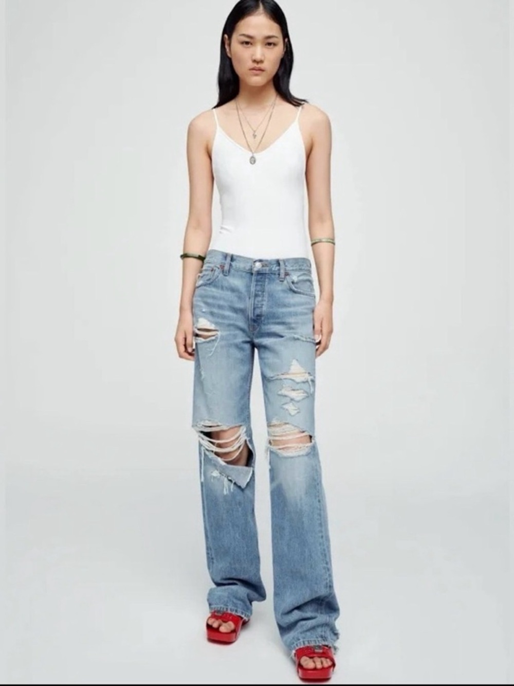 Re/Done Loose Long Ripped & Faded Distressed Jeans Blue Size 26